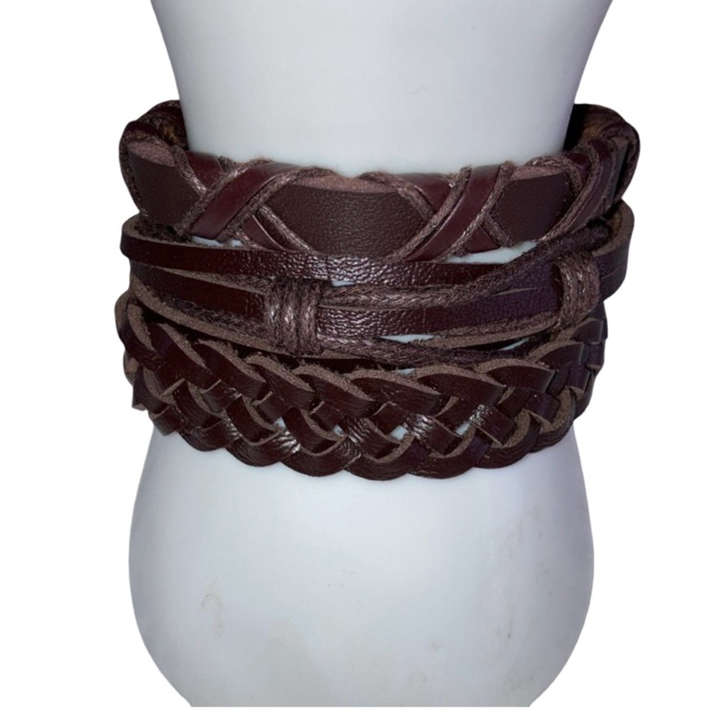 3 Braided Weaved Cuff Bracelets Brown Faux Leather Adjustable Knot Unisex NWOT